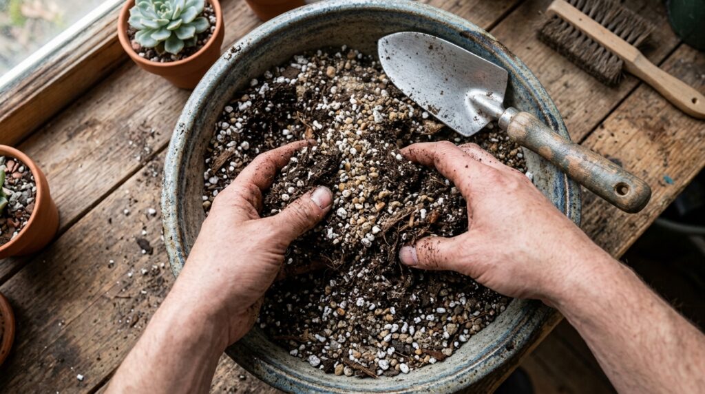 hands mixing DIY succulent soil with perlite and coarse sand for proper drainage