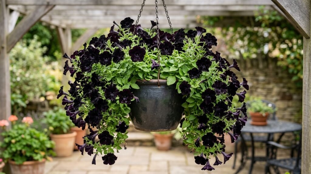 Black petunia flowers in a hanging basket with green foliage