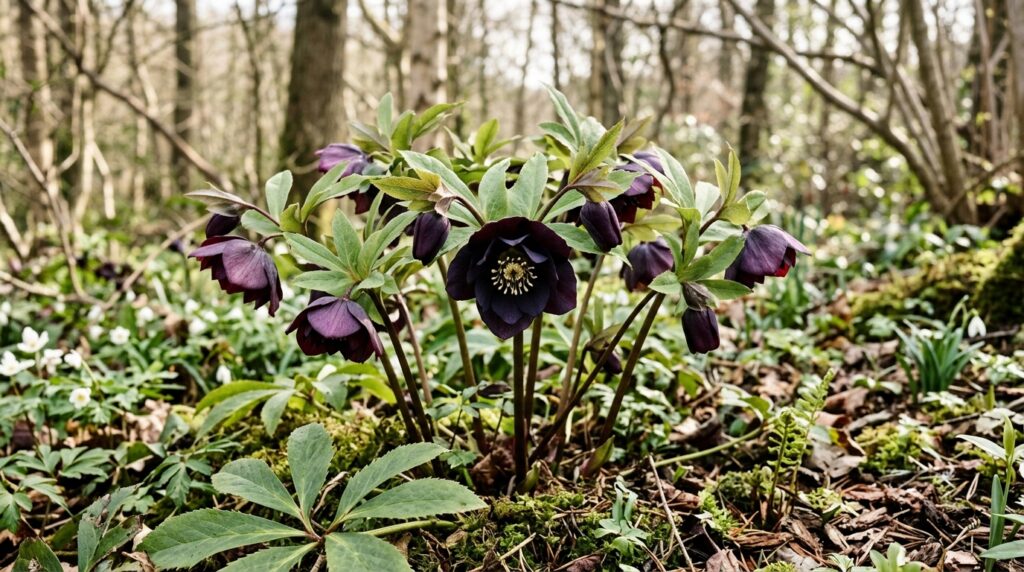 Dark purple black hellebore flowers in a woodland garden