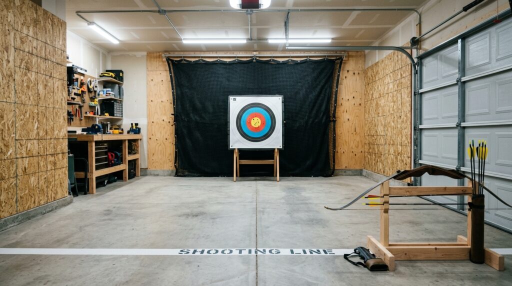 home indoor archery range with target and safe archery backstop