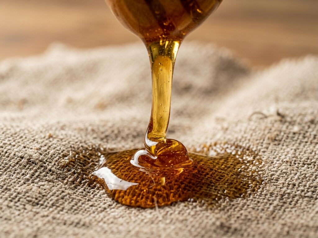 Close-up of thick honey dripping onto fabric showing why honey stains are sticky