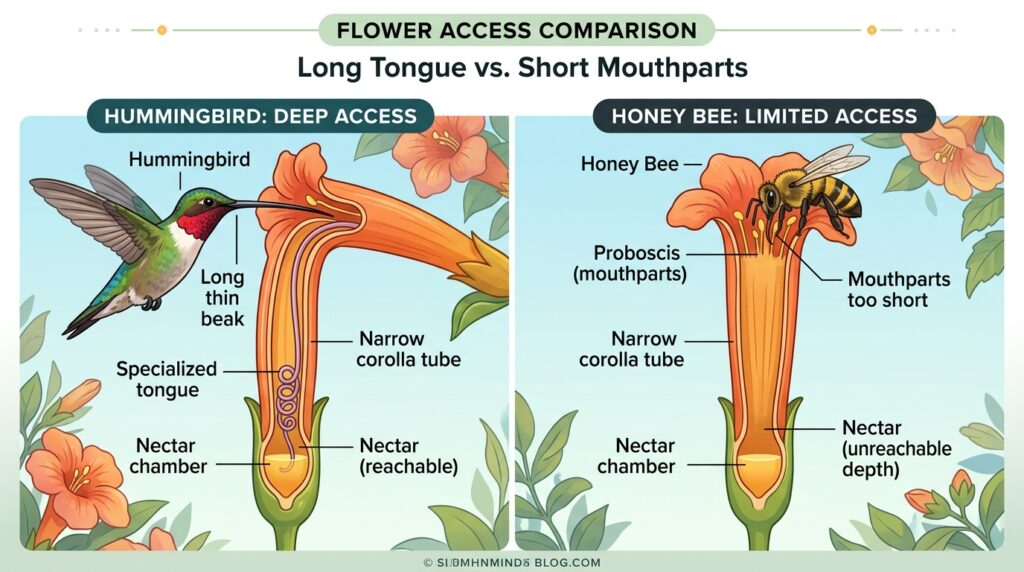 why do hummingbird feeders attract bees explained with tongue length diagram