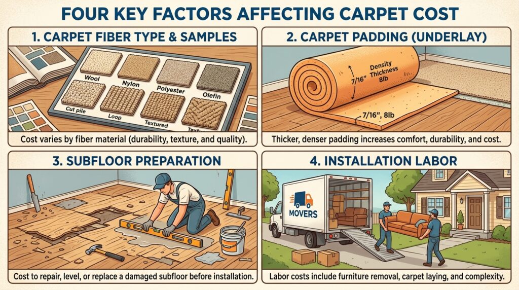 factors that affect the cost to carpet a 10x12 room including material padding and labor