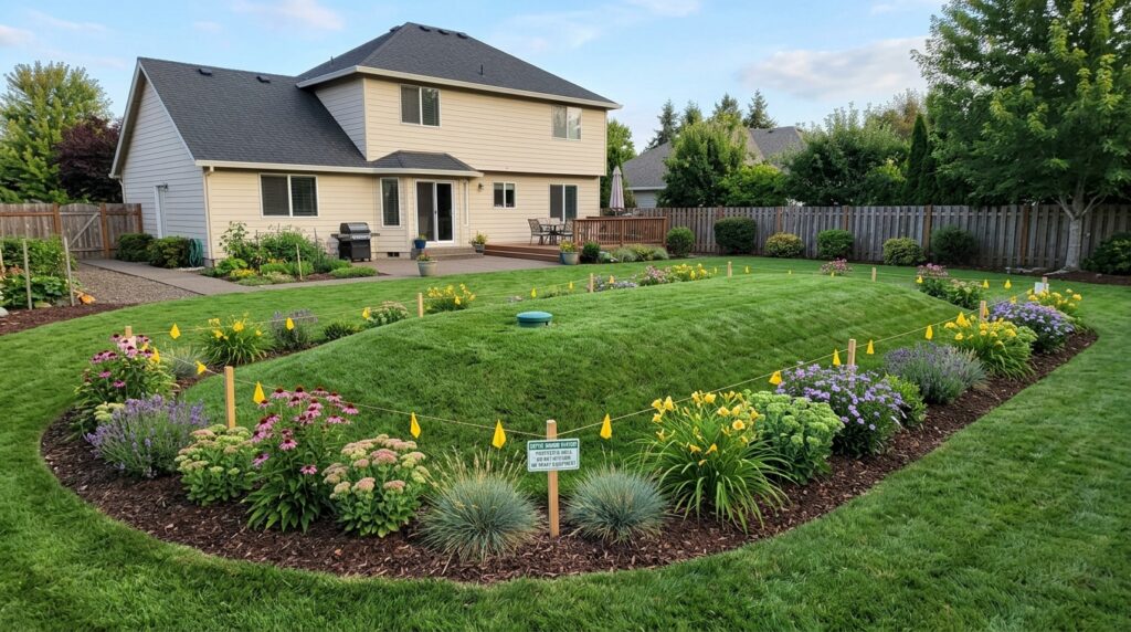 mound septic system cost and landscaping layout in a backyard
