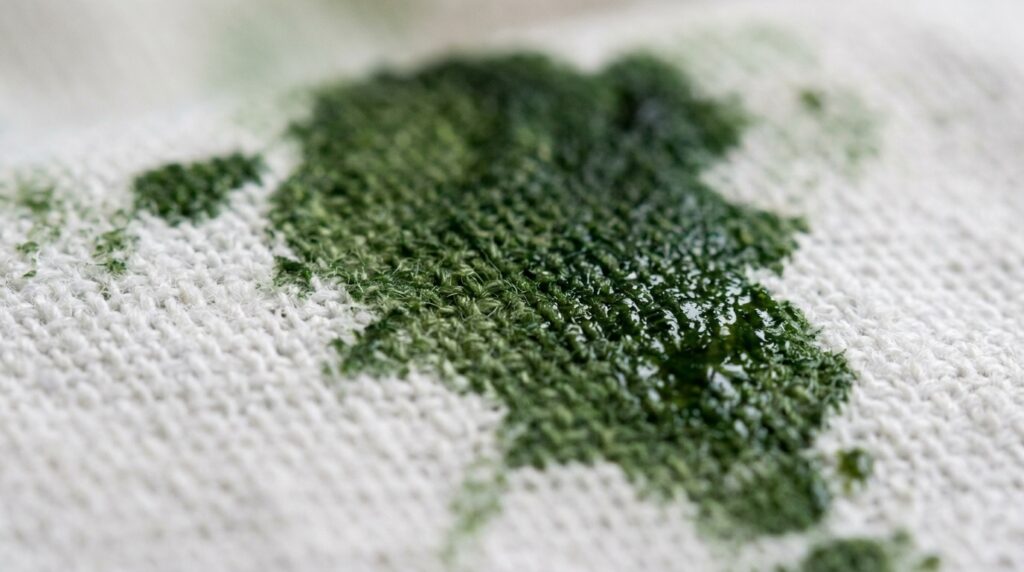 Close-up of a fresh avocado stain showing oil ring on fabric