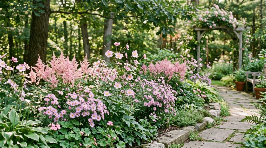 pink flowers that start with a including astilbe anemone and aster