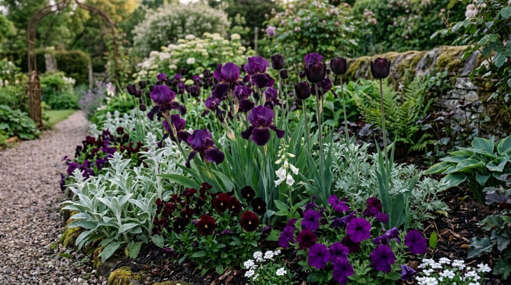 Dark purple flowers in a moody garden with silver foliage and white flower accents