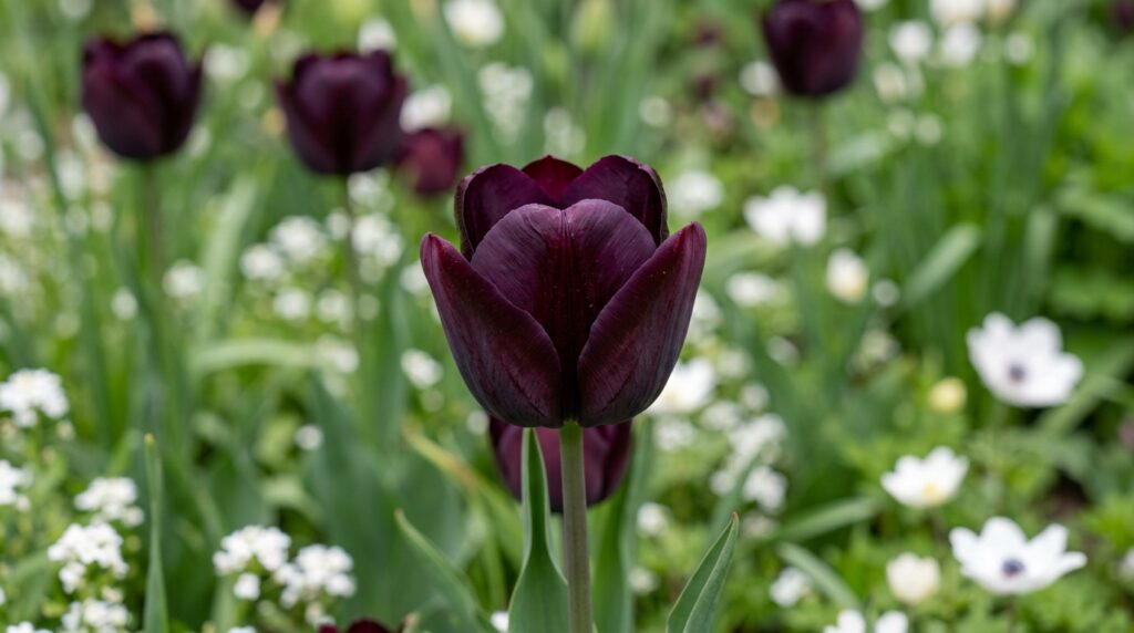 Queen of Night tulip with dark purple maroon near-black petals