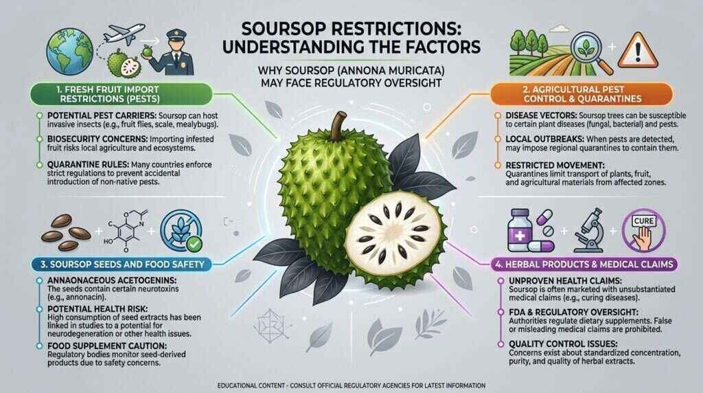 Why is soursop illegal or restricted due to imports, seeds, food safety, and medical claims