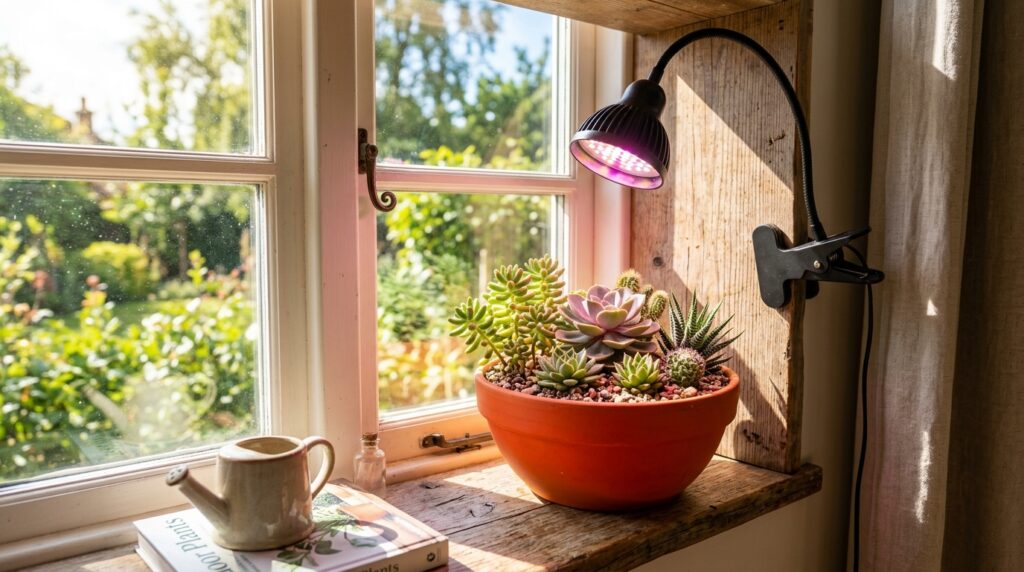 indoor succulents on a bright windowsill with a supplemental grow light