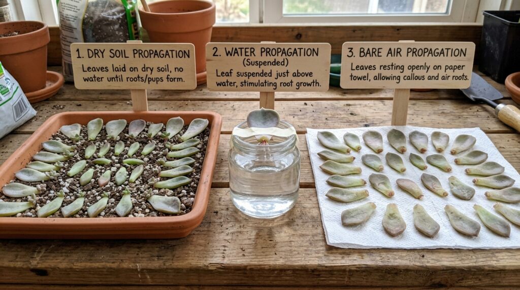 comparison of three succulent propagation methods: soil, water, and no-soil air propagation