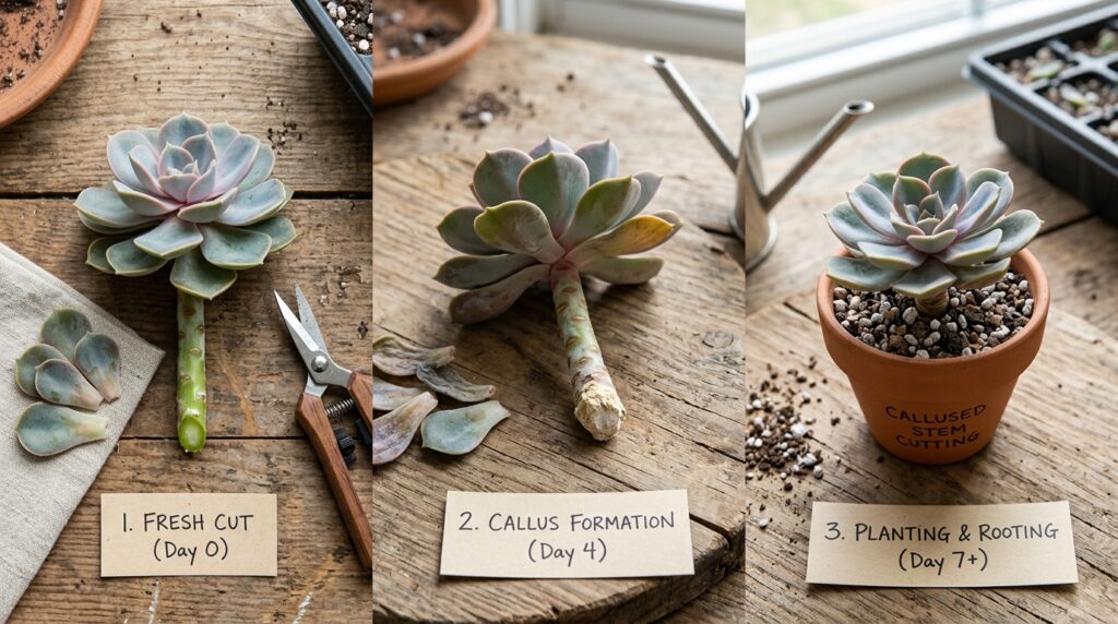 three stages of propagating a succulent stem cutting from cut to callused to planted