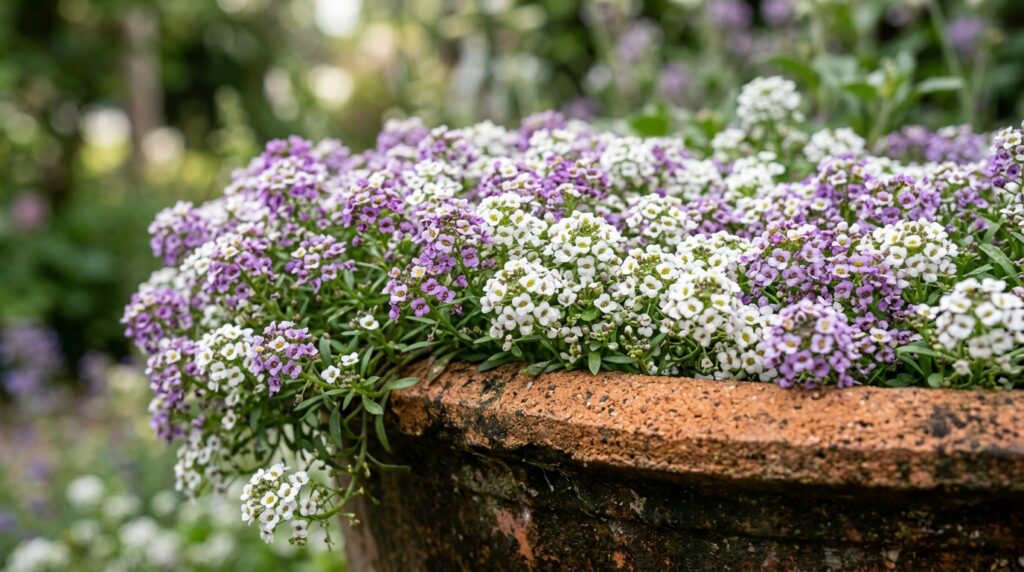 sweet alyssum flowers that start with a spilling over garden pot