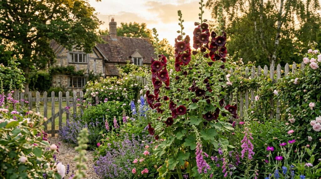Dark burgundy hollyhock flowers growing in a cottage garden