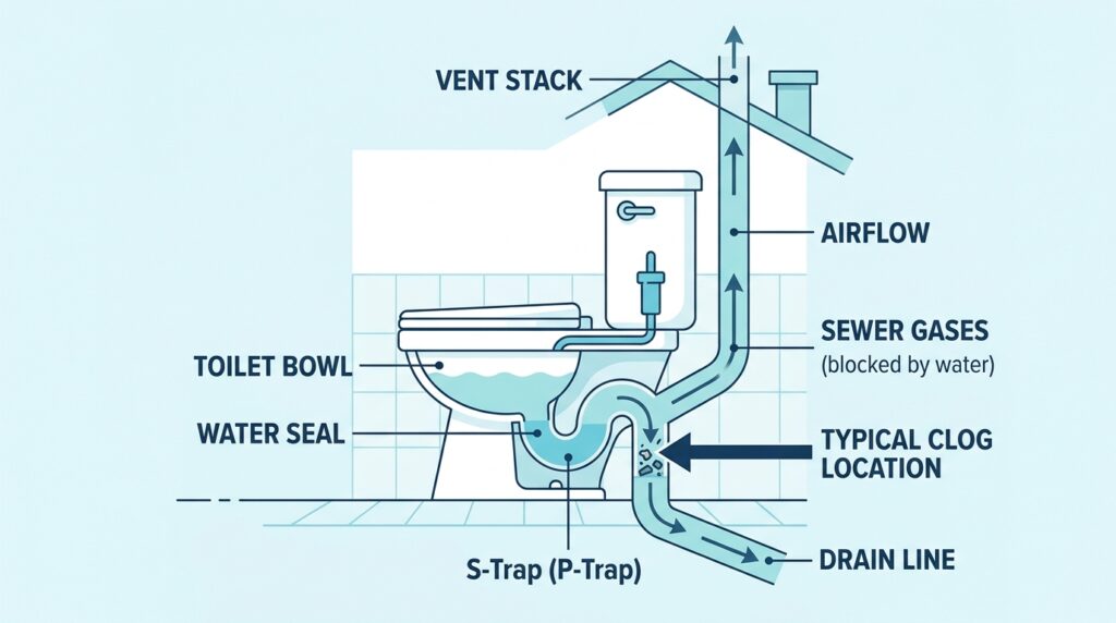 Diagram showing why toilet water rises high instead of draining due to a clog in the S-trap