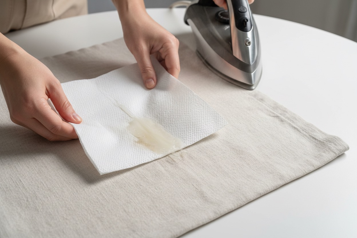 Using iron and paper towel to remove candle wax from fabric clothing - step by step