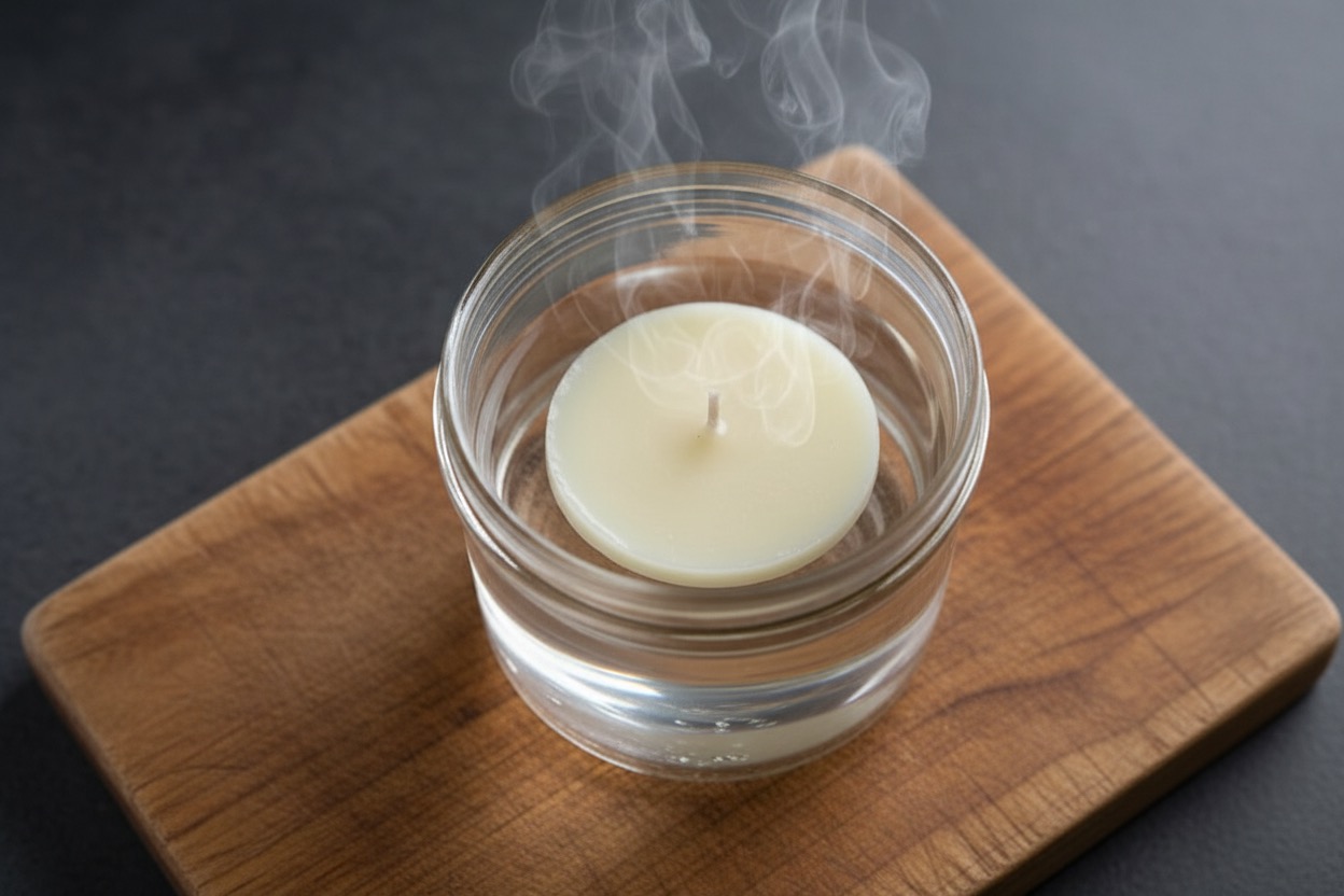 Boiling water method to remove wax from candle jar with wax disc floating