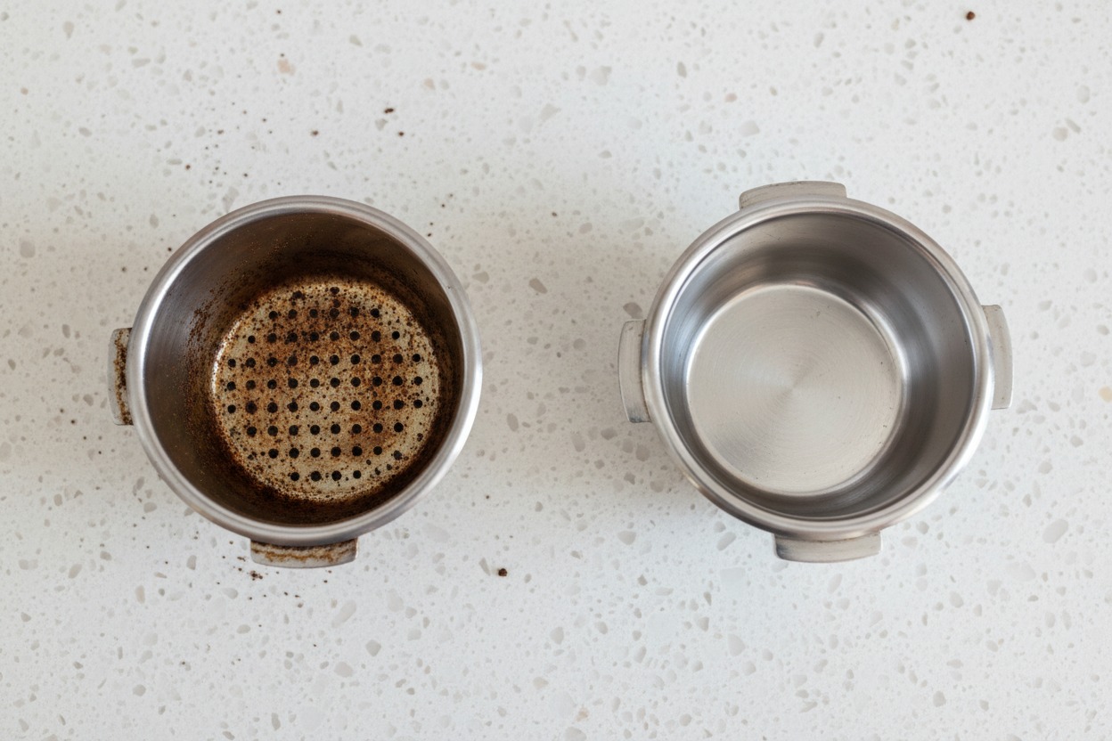 how to clean breville espresso machine — before and after portafilter comparison