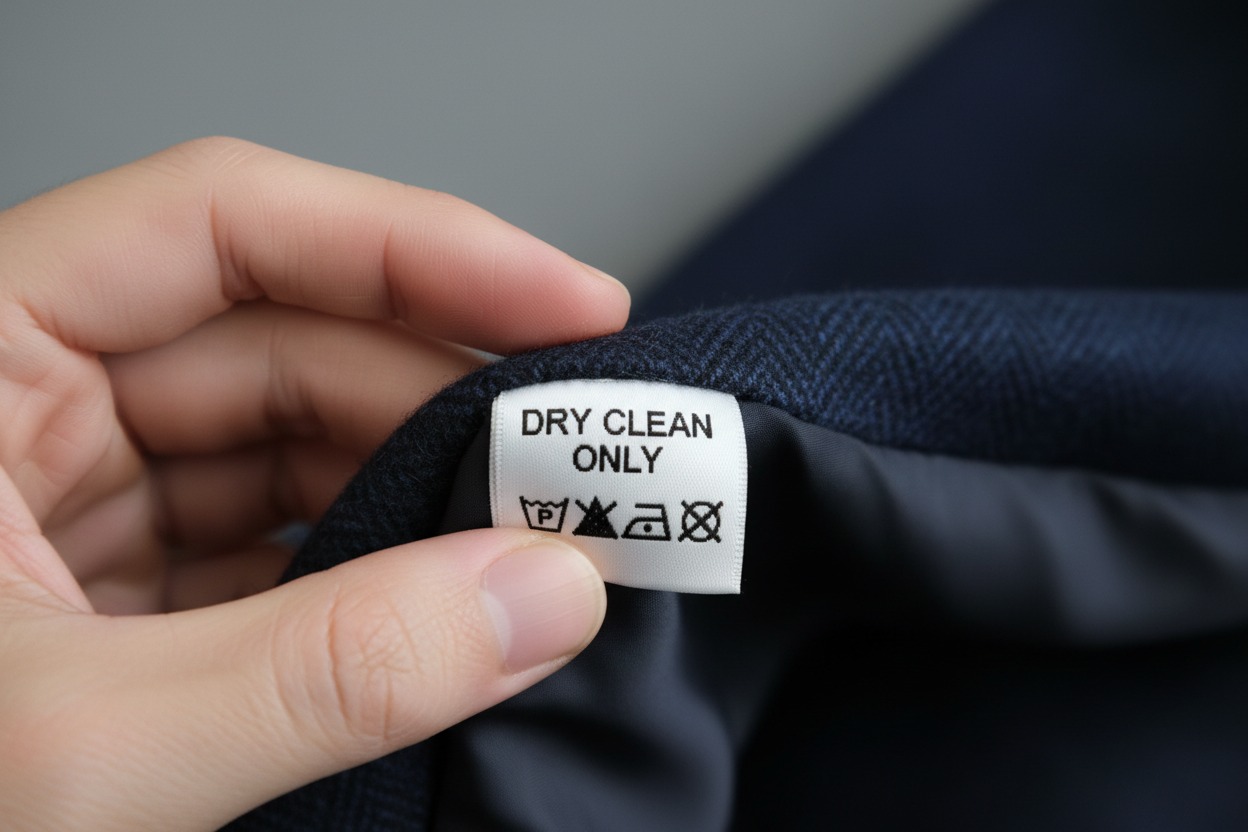 Dry clean only clothing label showing care instructions