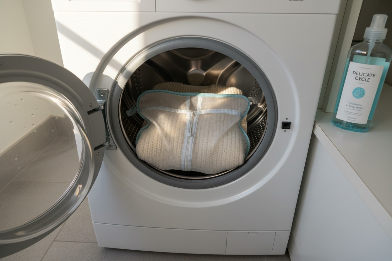 Washing machine dry clean only clothes in mesh laundry bag on delicate cycle