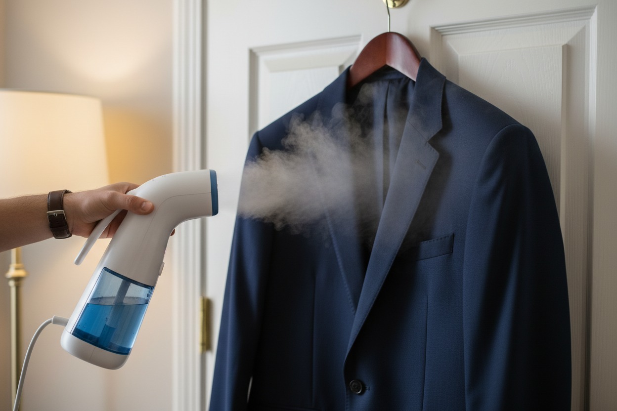 Using a garment steamer to dry clean a suit at home