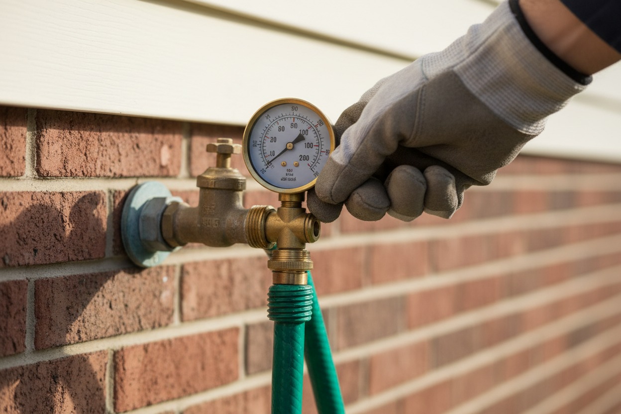 Testing water pressure with a gauge on an outdoor spigot
