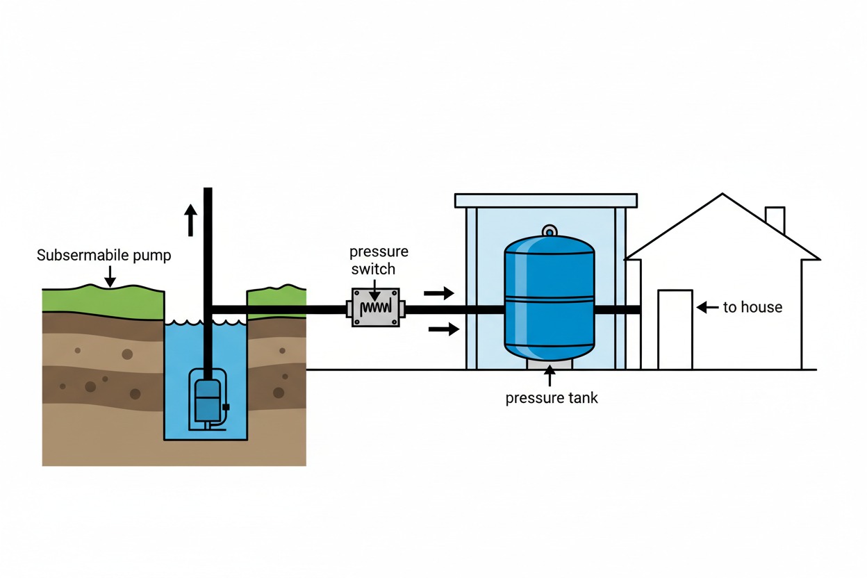Diagram showing how to increase water pressure in house with well pump and pressure tank
