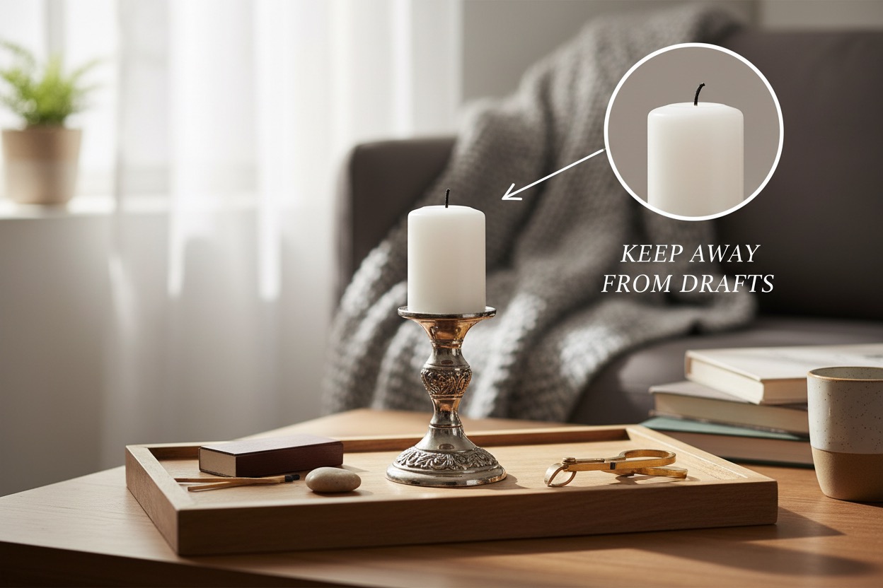 Candle wax spill prevention tips - using a candle holder and trimming wick for safe burning