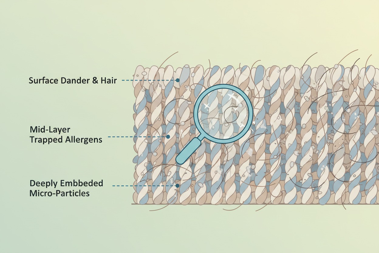 How pet dander and hair get trapped deep inside carpet fibers