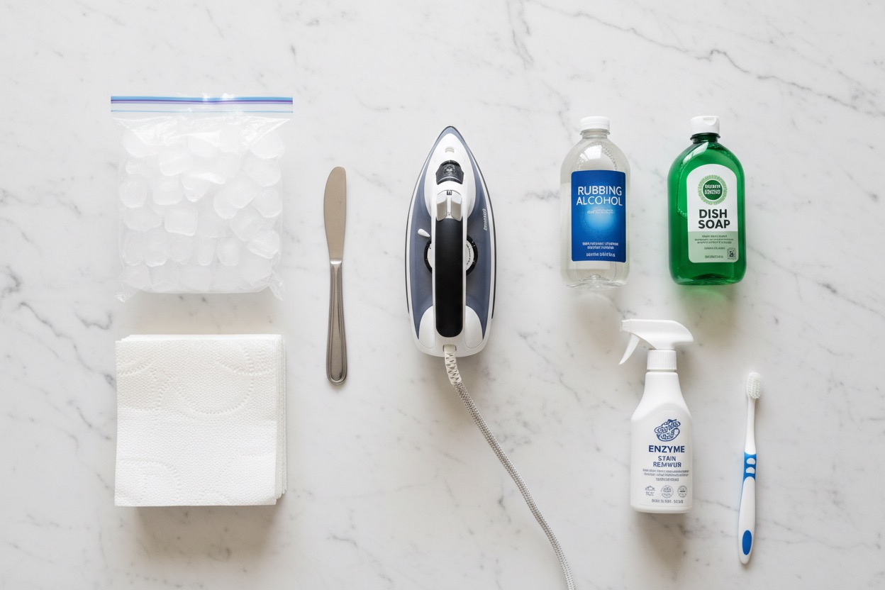 Candle wax from fabric removal toolkit - iron, paper towels, ice pack, rubbing alcohol, stain remover