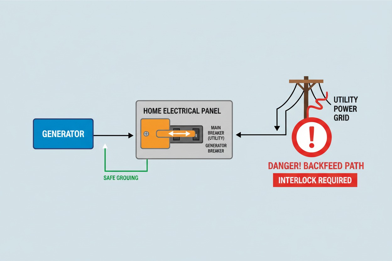 diagram showing generator backfeeding risk versus safe interlock connection
