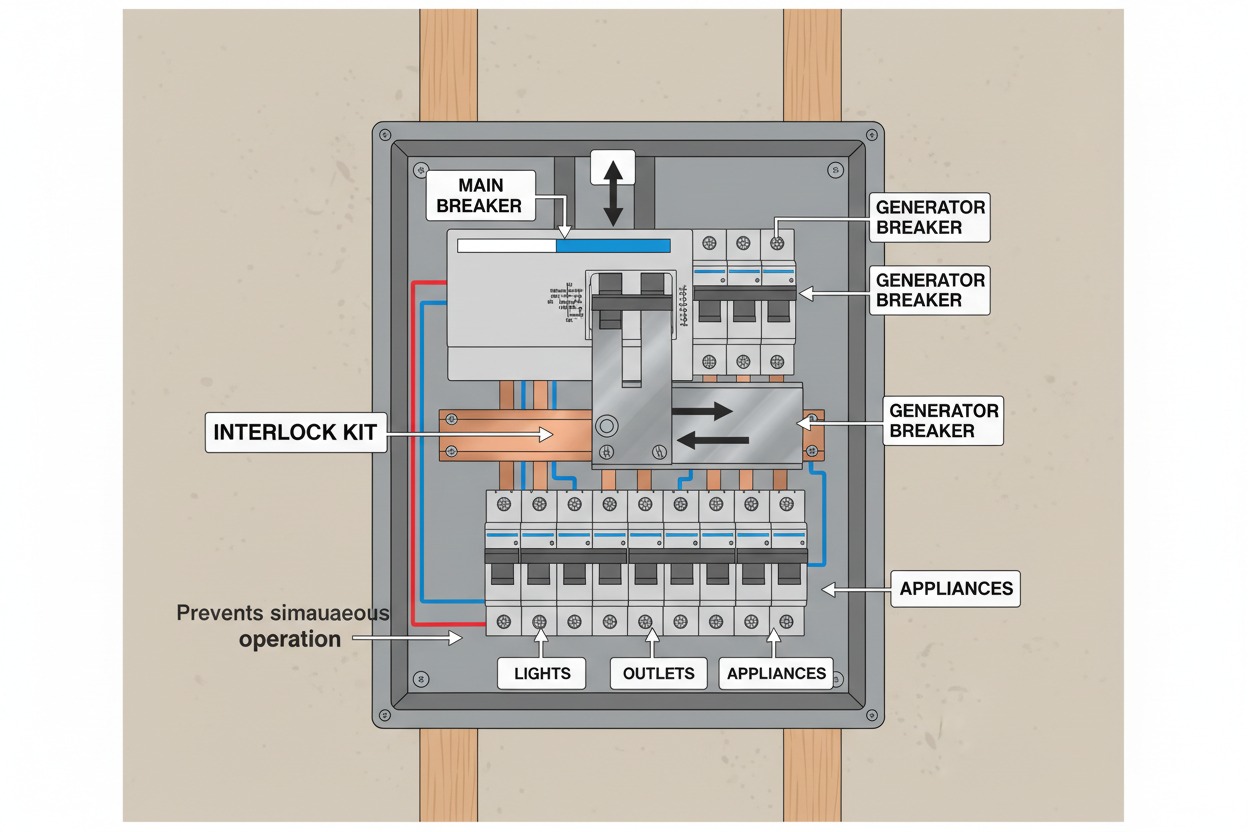 interlock kit installed on home electrical panel for generator hookup