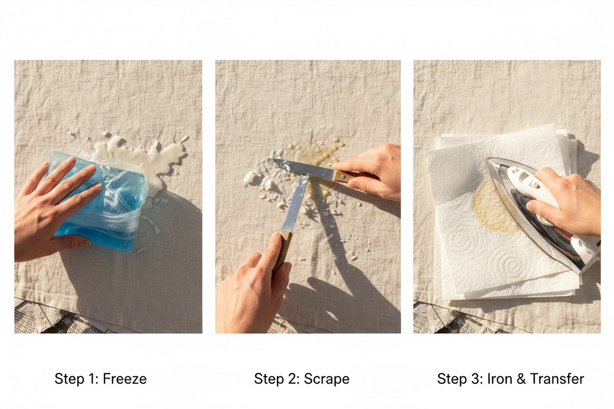 Step by step how to remove candle wax from fabric - freeze, scrape, iron with paper towels
