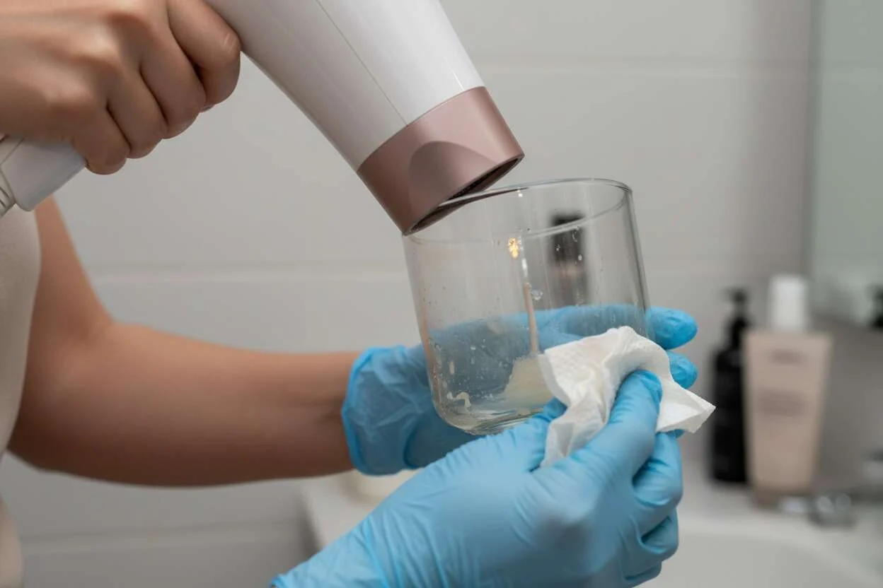 Using a hairdryer to remove wax from a candle jar for spot cleaning