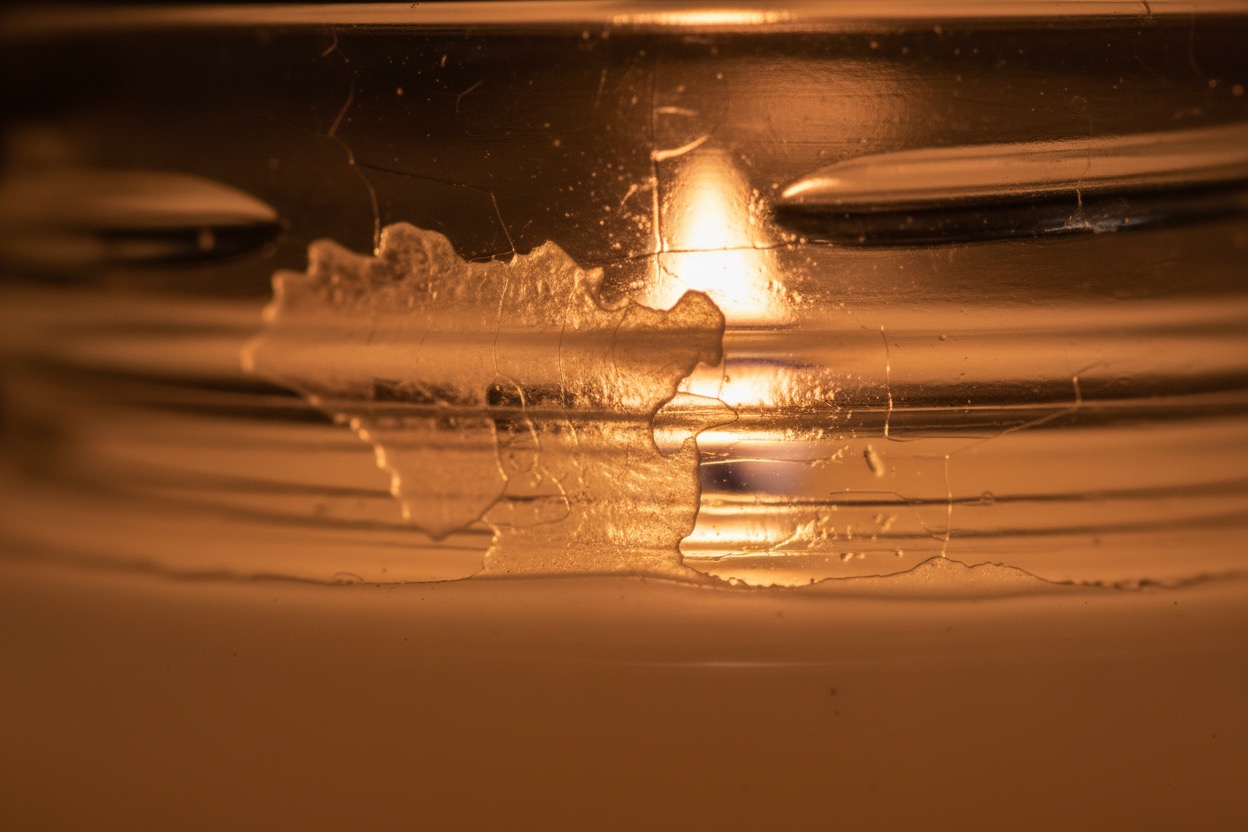 Close-up of hardened candle wax bonded to the inside of a glass jar