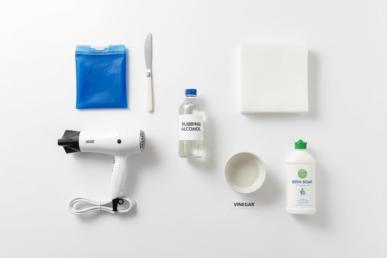 Tools needed to remove candle wax - ice pack, butter knife, hair dryer, paper towels, and rubbing alcohol