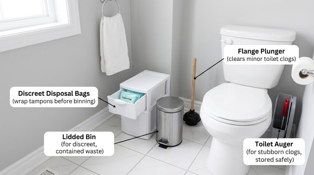 Best bathroom setup for disposing of used tampons without flushing