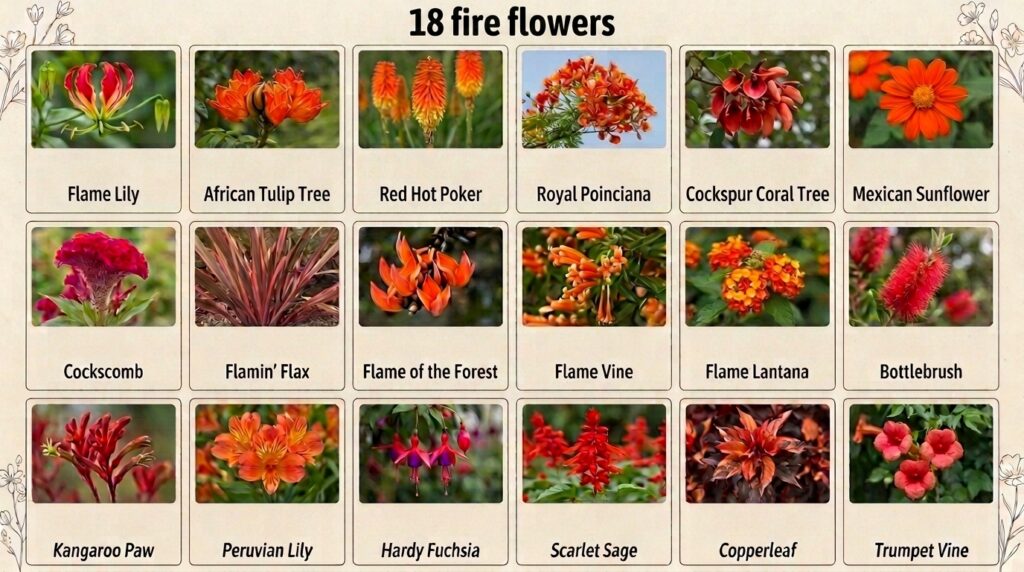 Fire flowers names comparison chart with 18 real flame-like plants.
