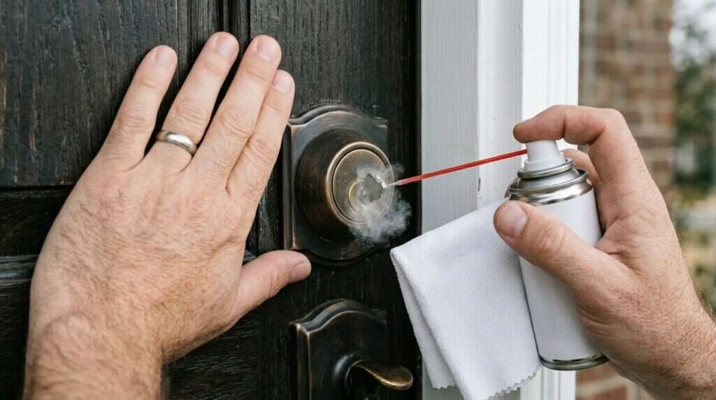 Applying a small amount of lock-safe lubricant to a broken key in a lock