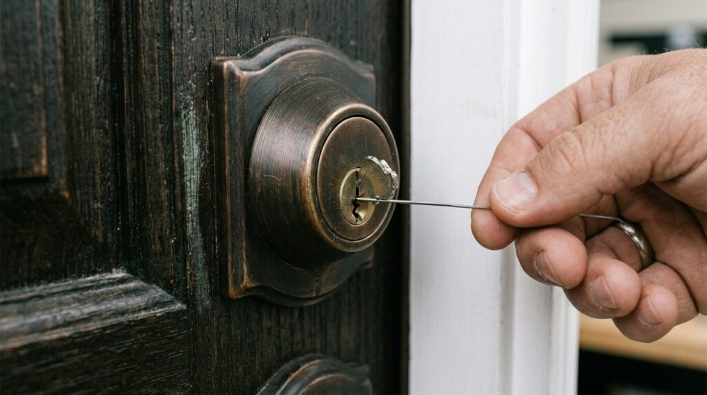 Positioning a broken-key extractor beside a flush key fragment in a lock