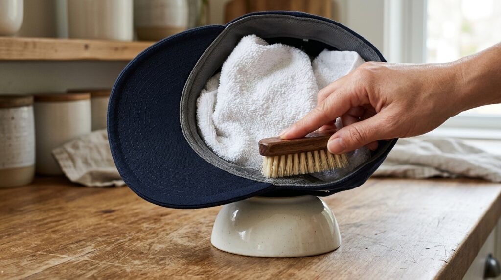 Safe method for removing sweat stains from fitted hats without soaking the brim.