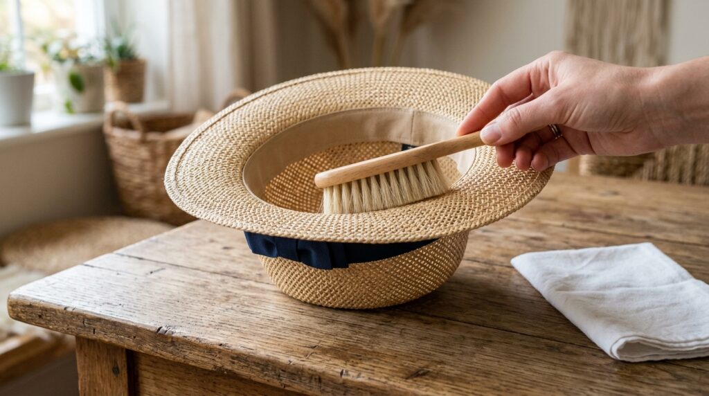 How to remove sweat stains from straw hats with a dry soft brush and minimal moisture