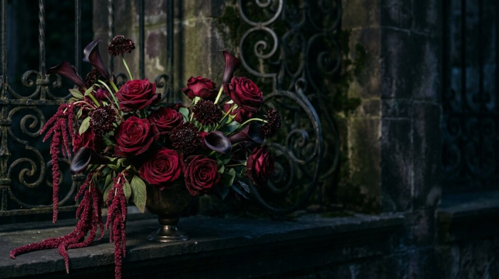 Gothic vampire flowers background with dark roses and burgundy blooms