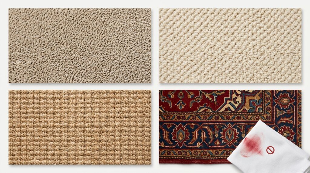 Colorfastness test before coffee stain removal on synthetic carpet and wool rug
