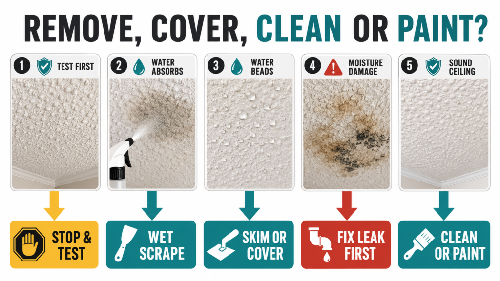 Popcorn ceiling removal decision chart for painted, asbestos, damaged, and unpainted ceilings