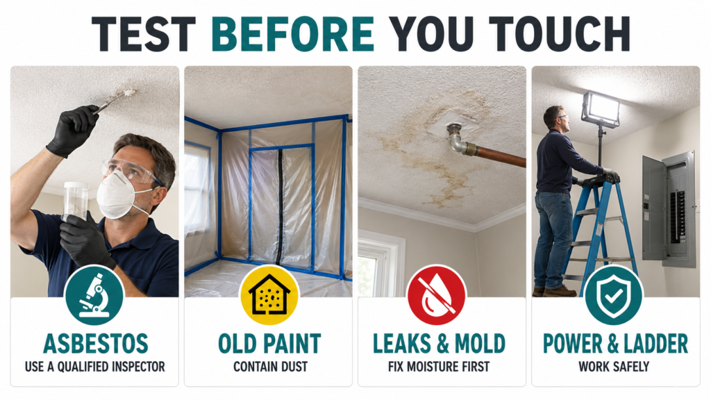 Safety checks before popcorn ceiling removal, including asbestos, lead paint, mold, and electricity