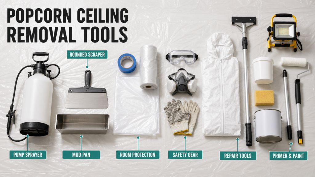 Popcorn ceiling removal tool and material checklist for a clean DIY project
