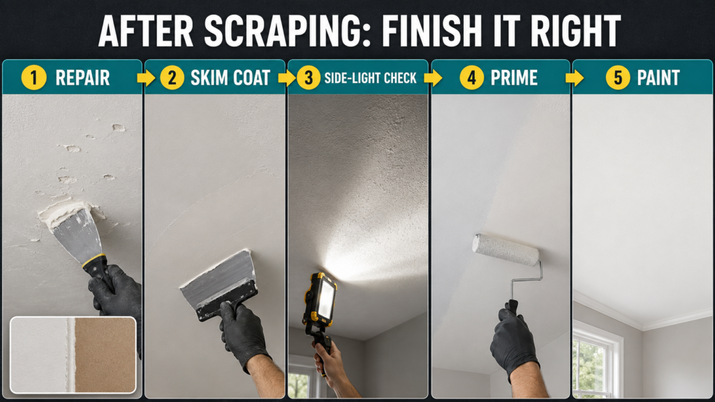 Repairing and painting popcorn ceiling drywall after texture removal
