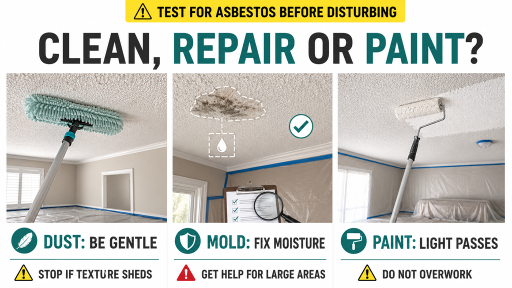 How to clean popcorn ceiling, remove dust, assess mold, and paint texture safely