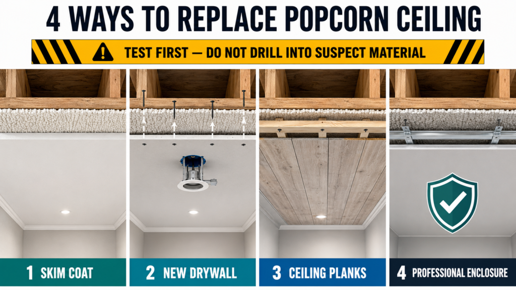 Popcorn ceiling replacement options using skim coat, drywall, planks, or professional enclosure
